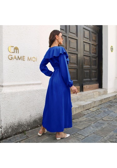 Gmxıa Kadın Moda Yaz Bahar Düz Renk Baskı Uzun Kollu V Yaka Yüksek Bel Günlük Elbiseler Mavi Gmxıa Kadın Moda Yaz Bahar Düz Renk Baskı Uzun Kollu V Yaka Yüksek Bel Günlük Elbiseler Mavi