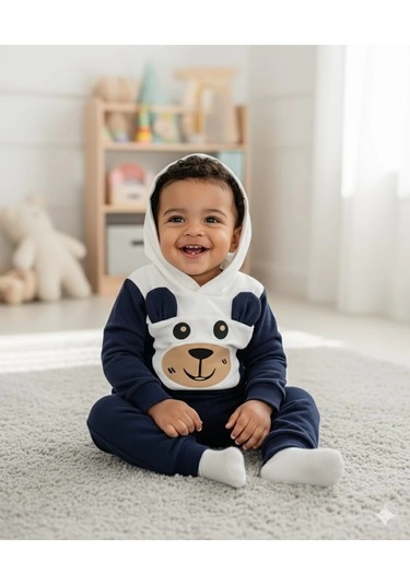 Erkek Çocuk Kapşonlu Ve Kulaklı Alt Üst İkili Gündelik Takım Lacivert