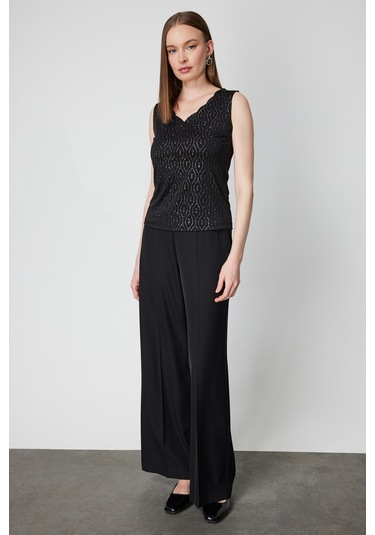 On Kadın Dilim Yaka Simli Bluz 61389 Siyah Siyah