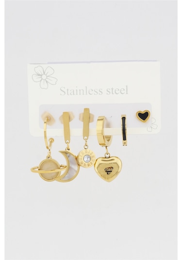 Kadın Kararmaz 6'Lı Kalp Figürlü Çelik Set Küpe Altın-M N11.698