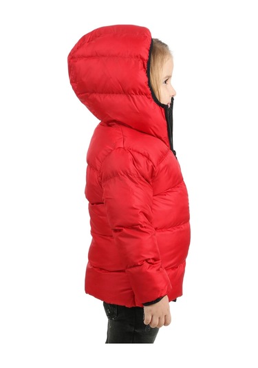 Kız Çocuk Kırmızı Içi Polarlı Kapüşonlu Su Geçirmez Rüzgara Dayanıklı Şişme Kışlık Mont & Kaban Kırmızı