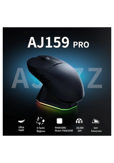 Aj159 Pro Kablosuz 3 Modlu 8.000hz-26.000dpı Oyuncu Mouse Siyah