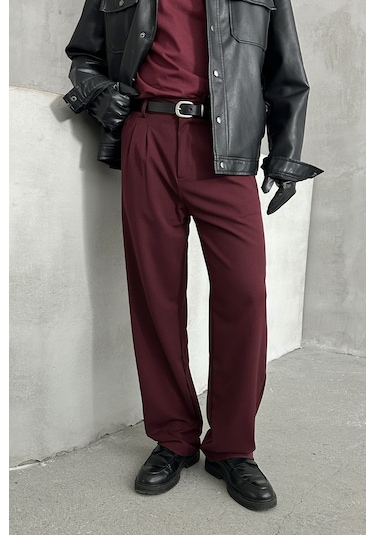 Erkek Pileli Baggy Kalıp Kumaş Pantolon Bordo