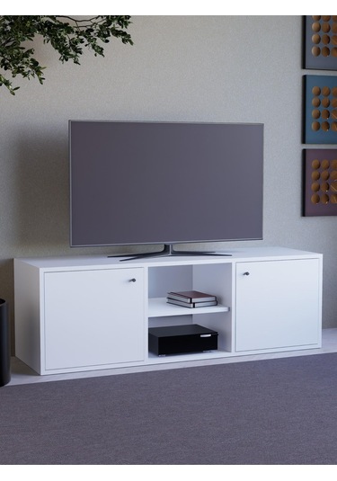 Detamob Beyaz Tv Ünitesi, 2 Kapaklı Raflı Tv Sehpası - 138cm Mdf Beyaz