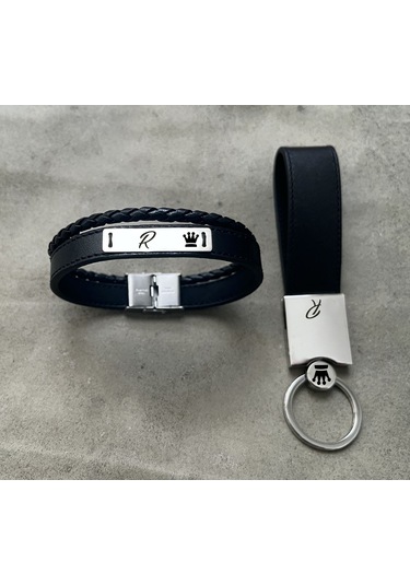 Archin R Harfine Özel 925 Ayar Gümüş Plakalı Taç Motifli Hakiki Siyah Derili Hediye Seti-584harf Gümüş