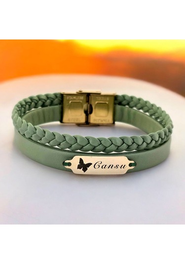 Cansu İsmine Özel Doğal Yeşil Derili Kelebek Figürlü 14 Ayar Altın Plakalı Hediye Bileklik-660isim Cansu