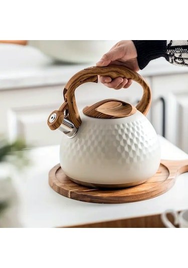 Valkyrie Modern Tasarım Düdüklü Kettle 3l Paslanmaz Çelik Ergonomik Su Isıtıcı Çaydanlık Islıklı Krem