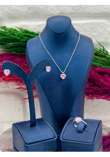 925 Ayar Gümüş Pembe Kuvars Taşlı Özel Tasarım 3 Lü Trend Kadın Takı Seti Gümüş