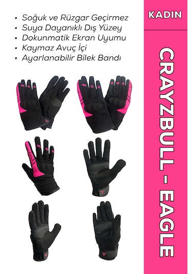 Crazybull Eagle Pembe Su Ve Rüzgar Geçirmez Kışlık Kadın Motosiklet Eldiveni + Buff