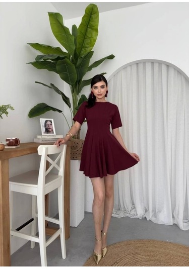 Crem Pliseli Elbise Bordo