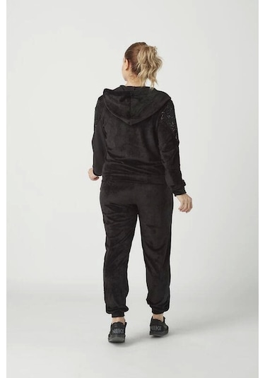 1927 Siyah Tam Kalıp Tarz Kapüşonlu Kadife Büyük Beden Eşofman Takımı Siyah