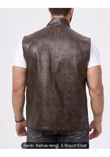 Uzun Hakim Yaka Regular Fit Hakiki Deri Yelek Kahverengi