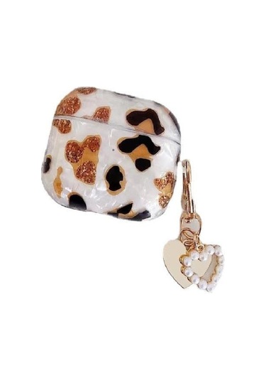 Apple Airpods 3. Nesil İle Uyumlu Kılıf Kalp Leopar Taş Kiraz Desenli Fiyok Tutmalı Kılıflar Gold