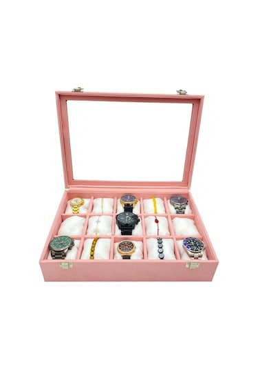 Saat Kutusu 15 Li Camlı Pembe Süet Pembe