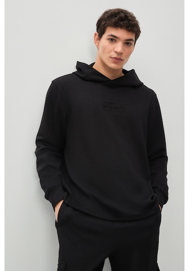 Ucla Wınfrey Siyah Kapüşonlu Gofre Baskı Standard Fit Erkek Sweatshirt Siyah