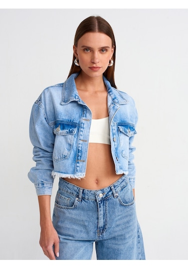 Dilvin Crop Denim Ceket Mavi
