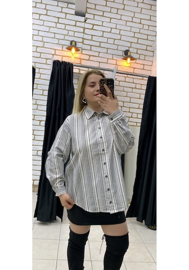 Tuba Toptaş Çizgili Poplin Gömlek Gri