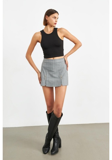 Stella Pulvis Gri Düğme Detaylı Mini Şort Etek Gri