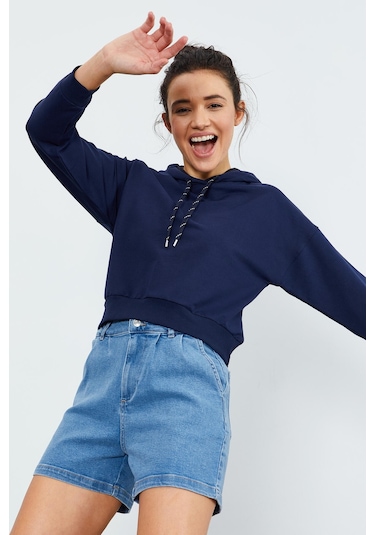 Tommy Life İndigo Uzun Kol Rahat Form Kapüşonlu Kadın Sweatshirt - 97115 İndigo