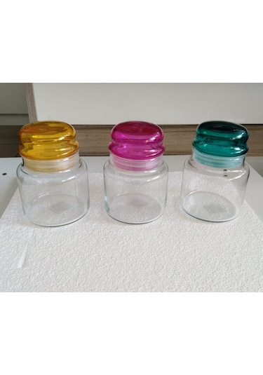 Vakumlu Renkli Kapak Cam 3'lü Kahve,şeker Kavanozu Seti 635 Cc