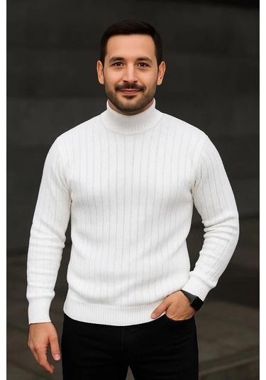 Erkek Fitilli Triko Kazak 2'li Set Beyaz Siyah Regular Balıkcı Yaka Tam Boğazlı Triko Seti Modeli Ka Beyaz Siyah