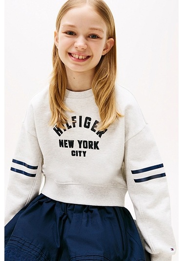 Kız Çocuk Yarasa Kollu Baskılı Sweatshirt - Gri Melanj Grey Heather