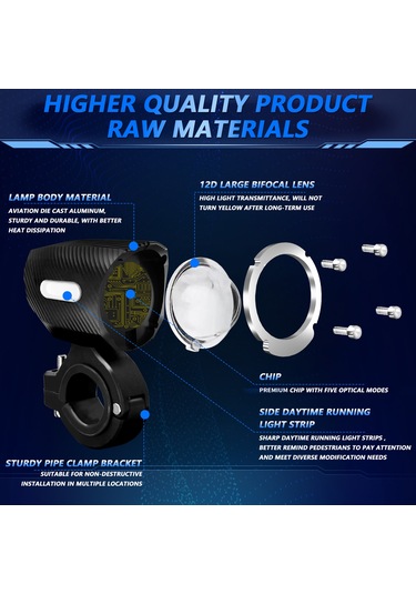 Leezsing M10 Motosiklet Led Farı - 18000lm, 6 Led Çipli, 3 Renk Seçenekli, Ip67 Su Geçirmez Siyah