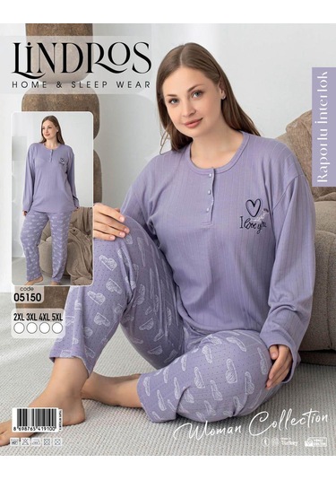 Lindros Kadın Pamuk'lu Düğme Yaka Raporlu İnterlok Kışlık Battal Pijama Takımı 05150 - 1 Adet Lila