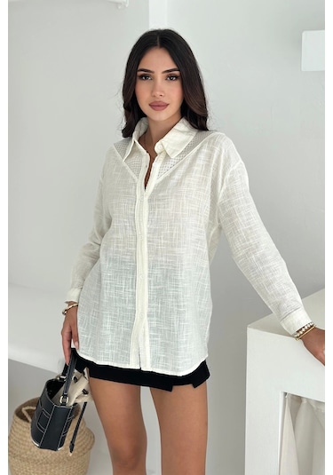 Asprin Fashion Pamuk Keten File Dantel Detaylı Gömlek Beyaz