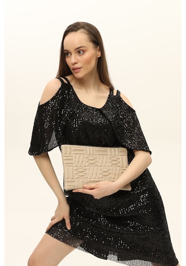 Morpelikan Bej Zigzag Clutch Kadın Portöy Çanta Bej