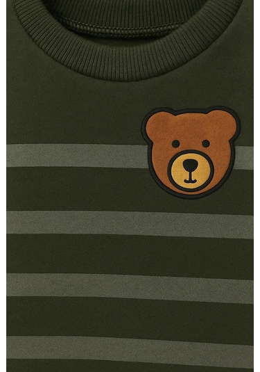 Oz Baby Çizgili Ayıcık Baskılı Kışlık Unisex Polar Bebek Takım Kız Ve Erkek Bebek Polar 1-4 Yaş Koyu Yeşil