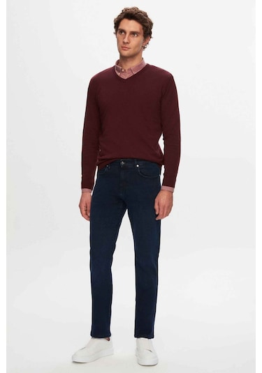 D's Damat Ds Damat Regular Fit Bordo Düz V Yaka Triko Kazak 5HF06ORT12003 Bordo