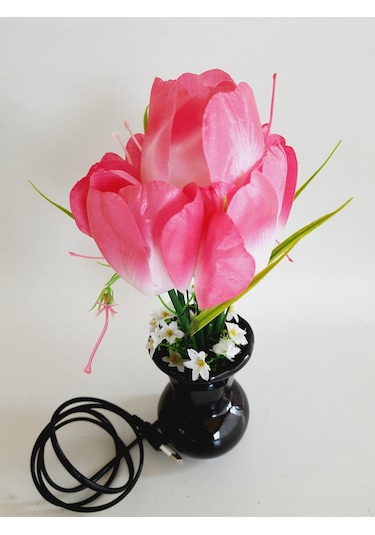 90'lar Temalı Dekoratif Işıklı Yapay Çiçek 27cm Pembe-beyaz Lale