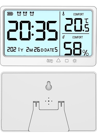 Youtek Beyaz Usb Şarjlı Lcd Ekranlı Dijital Hava Nem Ve Sıcaklık Ölçer - Saat, Tarih, Alarm Ve Işık Fonksiyonlu Ev Ofis Tespit Cihazı