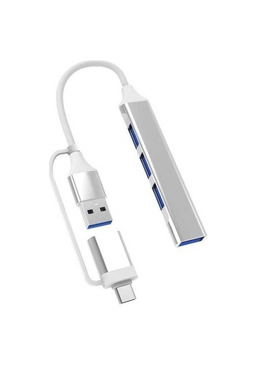 Fastbuy Alüminyum Gövde 4 Port Usb 3.0 Hub - Usb Type-c Çift Girişli Genişletme Dönüştürücü Gümüş