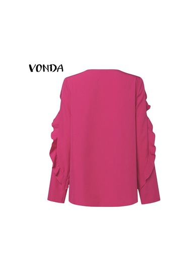 Vonda Kadın Yaz Modası Yuvarlak Yaka Puf Uzun Kollu Bluz Mavi