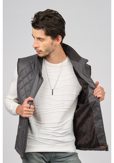 Daynax Erkek Cep Detaylı Baklava Desenli Yelek 492700 Füme Füme