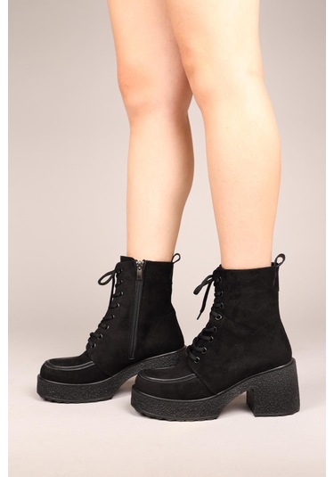 Tullıa Bağcıklı Süet Topuklu Kadın Bot Siyah-7540 Siyah