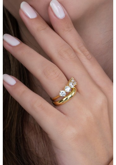 Takı Dükkanı Gold Renk 4mm Gümüş Alyans Ve Hafif Gümüş Beştaş Yüzük Seti Wsr124