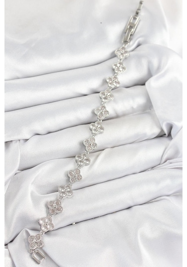 Pirinç Zirkon Taşlı Yonca Model Gümüş Renk Vıp Seri Kadın Bileklik Çok Renkli