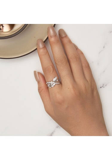 Bsr453-6 S925 Sterling Silver White Gold Plated Zircon Luxury Leaf Ring Çok Renkli