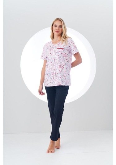 Pjs Kadın Desenli Önden Düğmeli Kısa Kollu Pijama Takım Beyaz