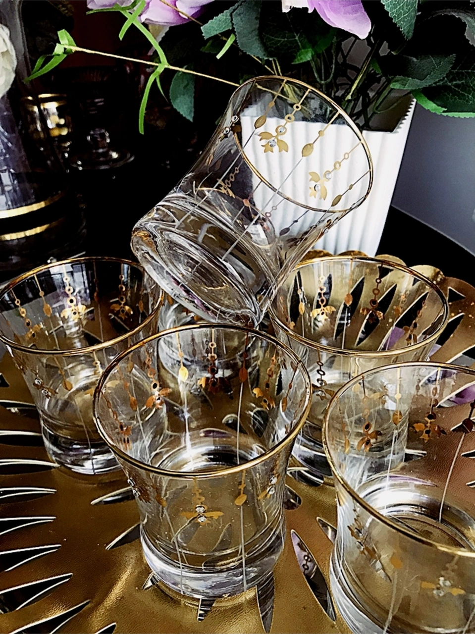 Gold Lale Taşlı Su Bardağı 6 Adet Gold