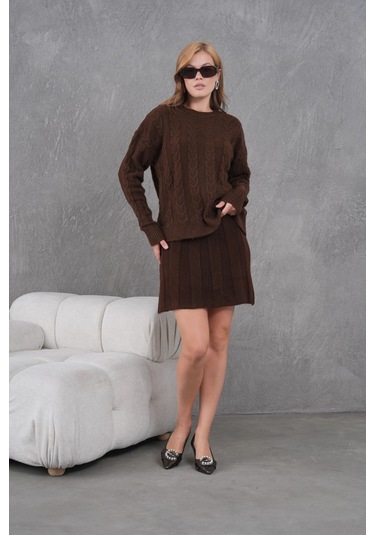 Kadın Bisiklet Yaka Saç Örgü Kazak Etek İkili Triko Takım Kahve