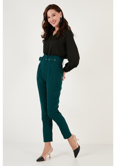 Lela Yüksek Bel Cepli Kemerli Regular Fit Kumaş Bayan Pantolon 611Pl04 Zümrüt