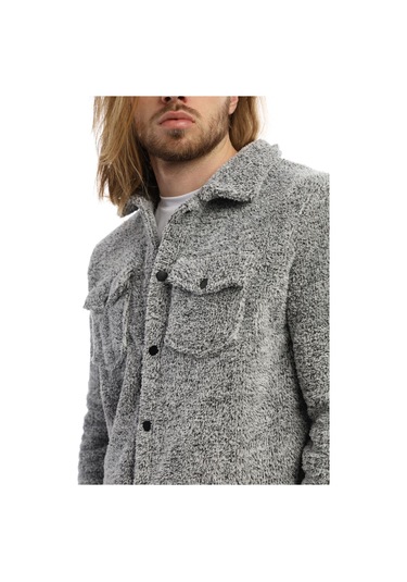Erkek Çıt Çıt Detaylı Cepli Peluş Ceket Açık Gri-melanj Gri Melanj