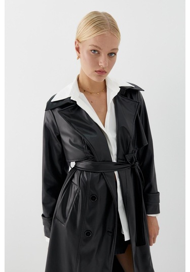 Aller Parça Deri Trençkot Siyah Siyah