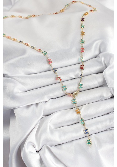 Pirinç Renkli Zirkon Taşlı Kelebek Model Gold Renk Kadın Y Kolye Çok Renkli