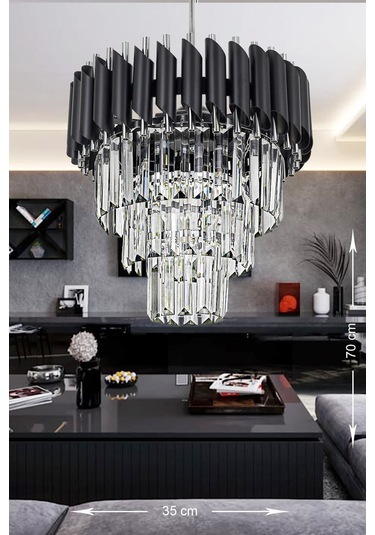 Palmira 35'lik Kristal Taşlı Lüks Avize - Siyah - Krom Siyah