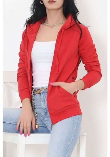 Bensu Store - Kapşonlu Fermuarlı Sweat Kırmızı - 11866.108. 001
